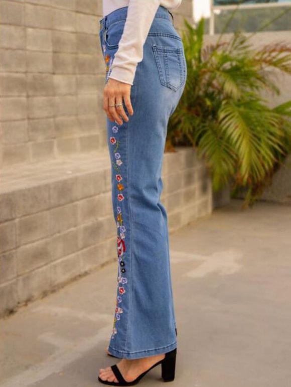 Jean Long Évasé à Broderie Florale avec Poches à Braguette à Glissière - Bleu 3XL