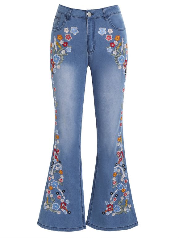 Jean Long Évasé à Broderie Florale avec Poches à Braguette à Glissière - Bleu 3XL