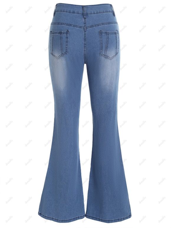 Jean Long Évasé à Broderie Florale avec Poches à Braguette à Glissière - Bleu 3XL