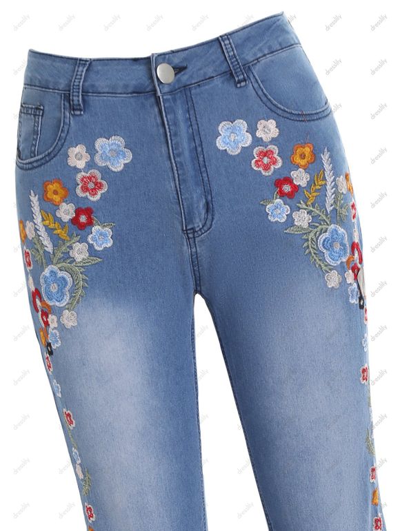 Jean Long Évasé à Broderie Florale avec Poches à Braguette à Glissière - Bleu 3XL