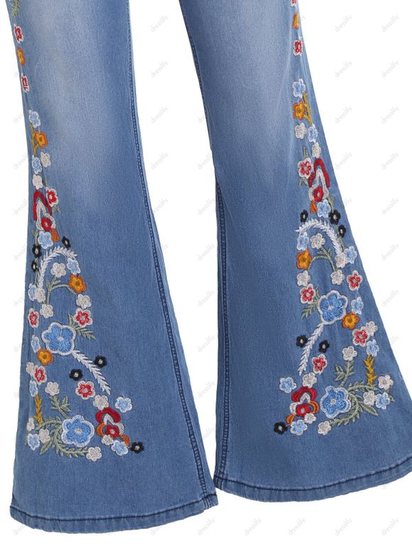 Jean Long Évasé à Broderie Florale avec Poches à Braguette à Glissière - Bleu 3XL