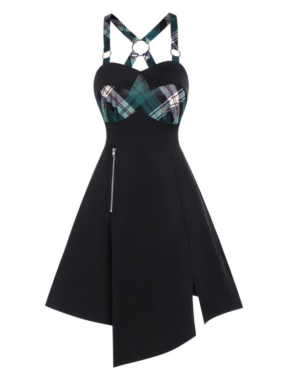 Plaid Print Asymmetric A Line Dress Zipper O Ring High Waist Backless Dress - BLACK XXXL