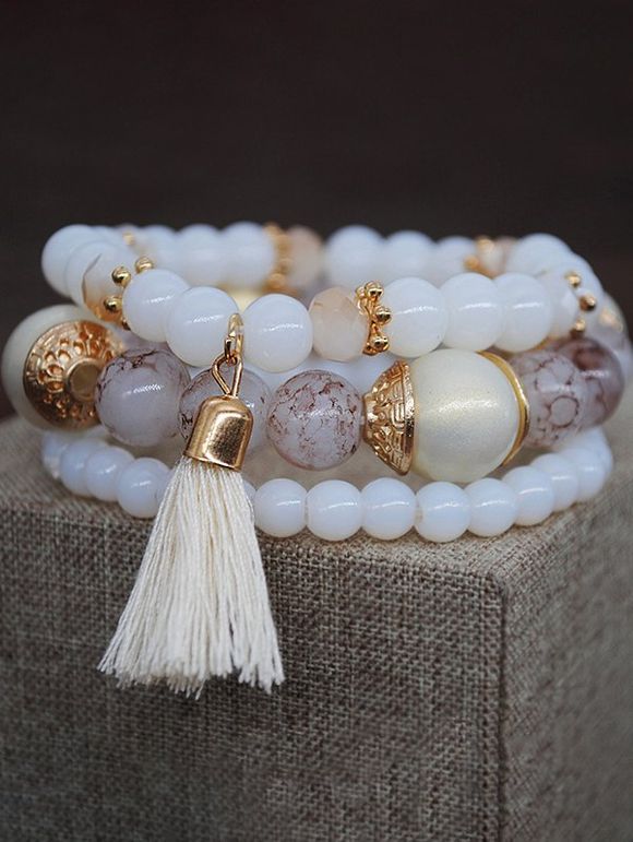 Ensemble de Bracelet Superposé Perlé à Frange Style Bohémien - Blanc 