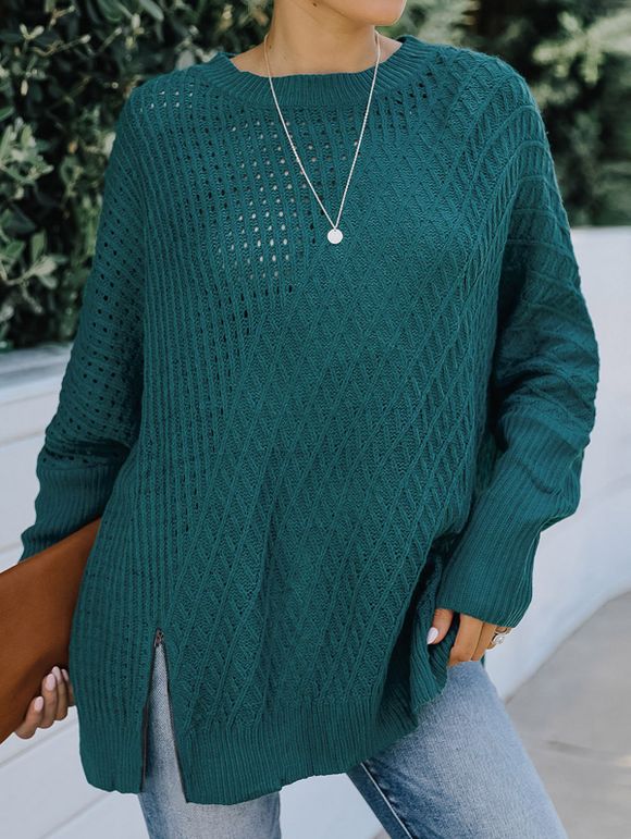 Plain Color Sweater Hollow Out Textured Zipper Slit Long Sleeve Sweater - DEEP GREEN XL