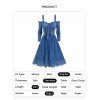 Cold Shoulder Long Sleeve Dress Hollow Out Floral Embroidery Bowknot Ruffles O Ring A Line Dress - DEEP BLUE L