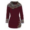 Tribal Geometric Stripe Panel Hooded Knit Top Long Sleeve Mock Button Knitted Top - DEEP RED L