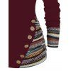 Tribal Geometric Stripe Panel Hooded Knit Top Long Sleeve Mock Button Knitted Top - DEEP RED L