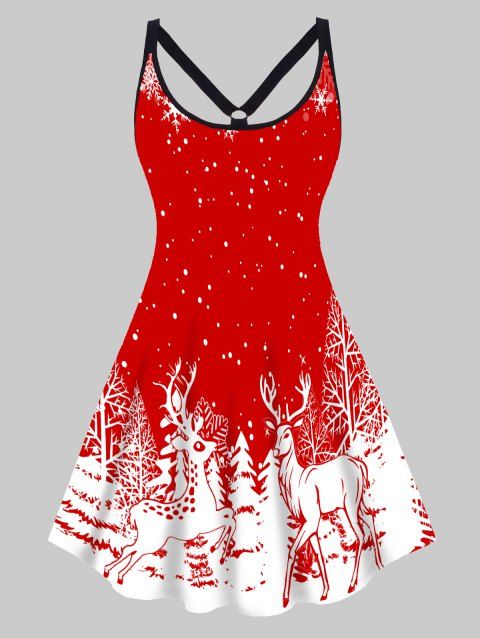 Plus Size Dress Christmas Dress Elk Tree Printed High Waisted Cut Out A Line Mini Dress