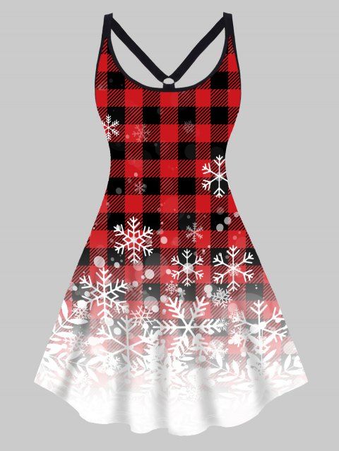 Plus Size Christmas Dress Ombre Plaid Snowflake Print High Waisted Cut Out A Line Mini Dress