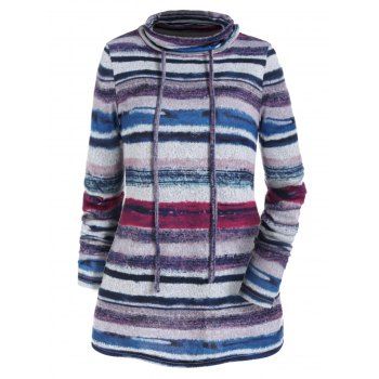 

Colored Striped Pattern Knit Top Cowl Neck Drawstring Long Sleeve Knitwear, Multicolor