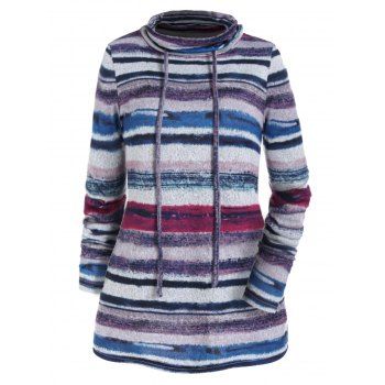 Colored Striped Pattern Knit Top Cowl Neck Drawstring Long Sleeve Knitwear