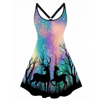

Plus Size Dress Elk Printed Tie Dye Cut Out High Waisted Christmas A Line Mini Dress, Black