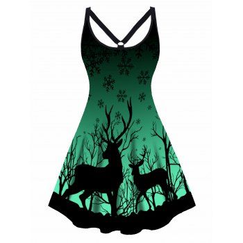 

Plus Size Dress Elk Snowflake Print Cut Out High Waisted Christmas A Line Mini Dress, Deep green