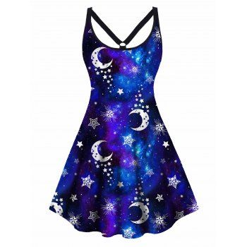 

Plus Size Dress Galaxy Moon Star Print High Waisted Dress Cut Out A Line Mini Dress, Black