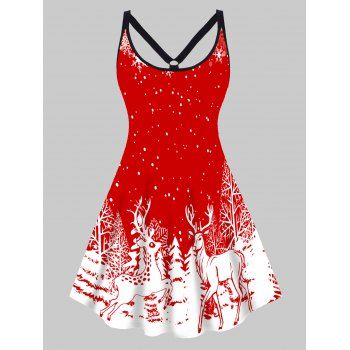 

Plus Size Dress Christmas Dress Elk Tree Printed High Waisted Cut Out A Line Mini Dress, Red