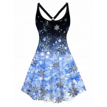 

Plus Size Christmas Dress Ombre Snowflake Print High Waisted Dress Cut Out A Line Mini Dress, Black