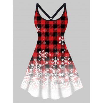 

Plus Size Christmas Dress Ombre Plaid Snowflake Print High Waisted Cut Out A Line Mini Dress, Deep red