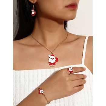 

4Pcs Christmas Santa Claus Shape Chain Necklace Bracelet Earrings Ring Set, Red