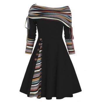 

Plus Size Dress Convertible Neck Cinched Colored Striped Print Flare A Line Dress, Black