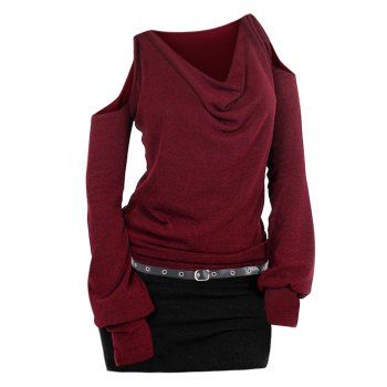 

Contrast Two Tone Mini Dress Cold Shoulder Long Sleeve Dress Cowl Neck Eyelet Buckle Strap Detail Dress, Deep red