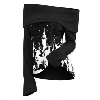 

Christmas Knit Top Foldover Snow Elk Tree Pattern Convertible Neck Long Sleeve Knitwear, Black