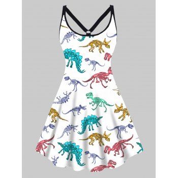 

Plus Size Dress Colored Skeleton Dinosaur Print Cut Out High Waisted A Line Mini Dress, White