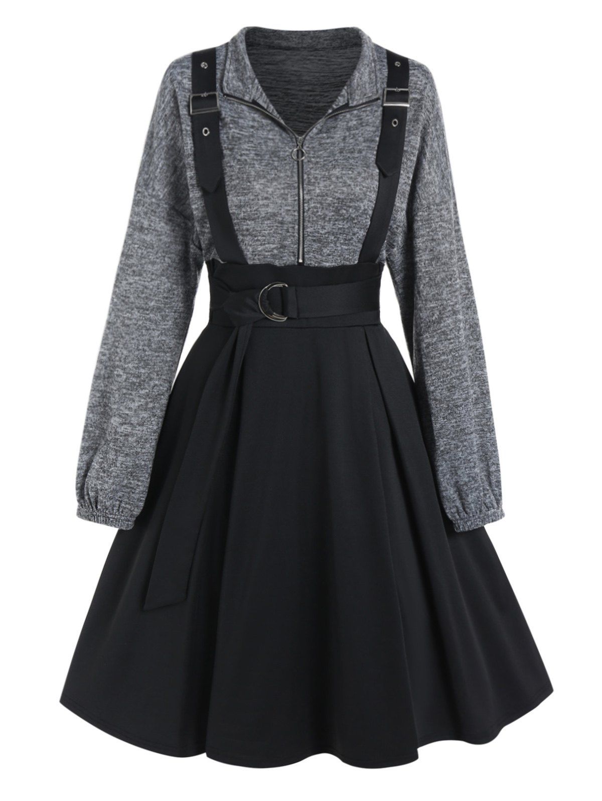Colorblock Faux Twinset Dress Space Dye Half Zipper Self Belted Long Sleeve A Line Mini Dress - BLACK L