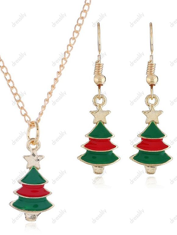 Ensemble de Boucles D'Oreilles Chaîne Pendantes en Forme de Sapin de Noël - Vert 