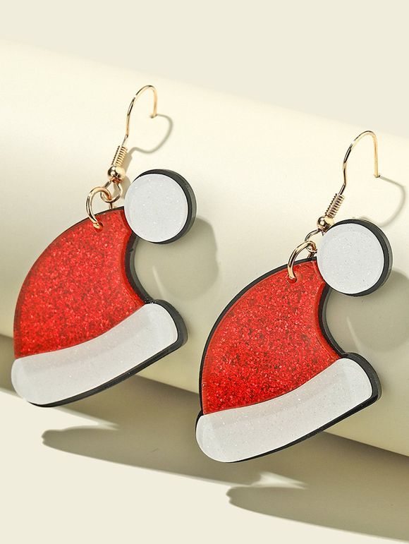Boucles D'Oreilles de Noël Pendantes Chapeau Design - Rouge 