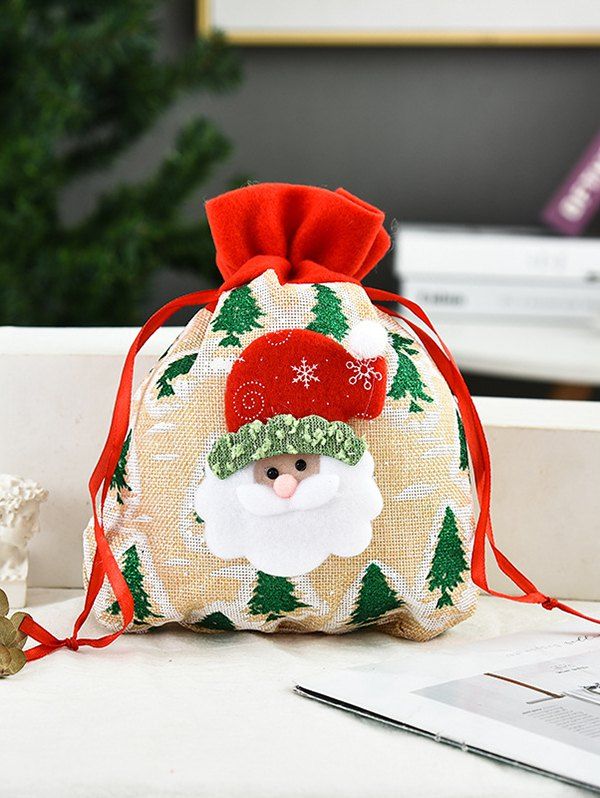 Sac Cadeaux avec Cordon de Serrage Motif Adorable Père Noël - Blanc 