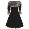 Plus Size Dress Convertible Neck Cinched Colored Striped Print Flare A Line Dress - BLACK 1X