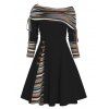 Robe Ligne A Rayée Colorée Imprimée de Grande Taille à Col Convertible - Noir 5X