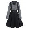 Colorblock Faux Twinset Dress Space Dye Half Zipper Self Belted Long Sleeve A Line Mini Dress - BLACK XL