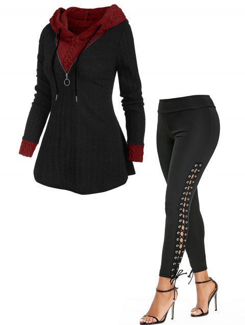 Colorblock Zip Embellished Hooded Sweater And Plain Lace Up Skinny Pants Outfit