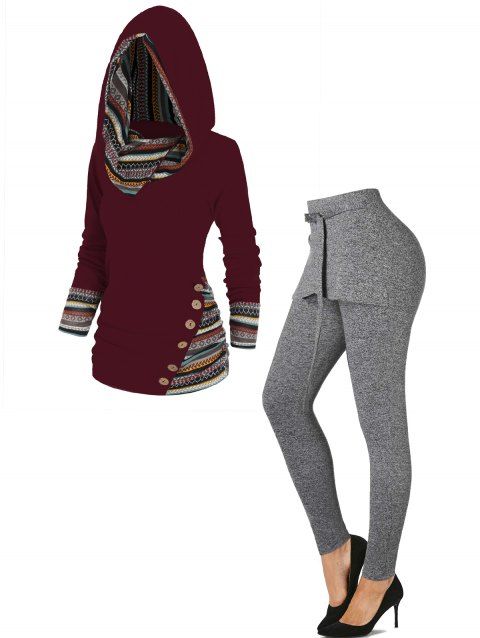 Tribal Geometric Stripe Panel Long Sleeve Hooded Knit Top And Heathered O Ring High Rise Skirted Leggings Outfit