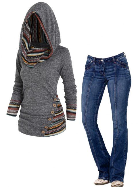 Tribal Geometric Stripe Panel Long Sleeve Hooded Knit Top And Dark Wash Topstitching Zipper Fly Flare Jeans Outfit