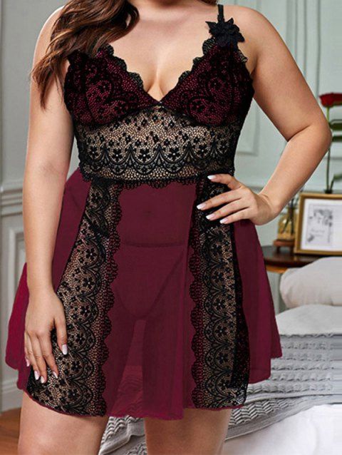 Plus Size Lingerie Dress Colorblock Flower Lace Panel Sheer Mesh Scalloped Lingerie Set