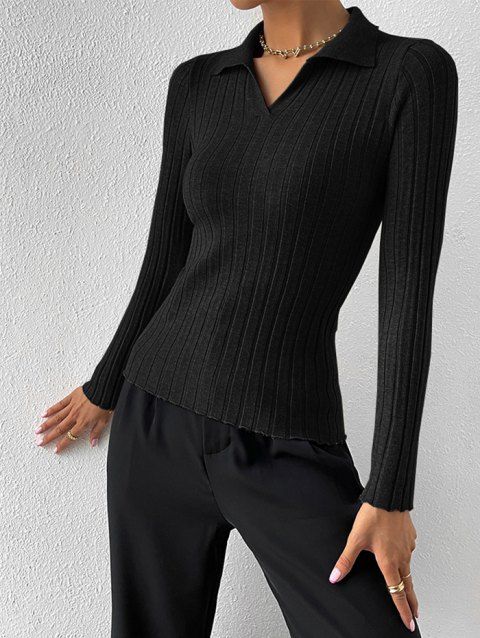 Pure Color Ribbed Slim Knitwear Turndown Collar Long Sleeve Knit Top