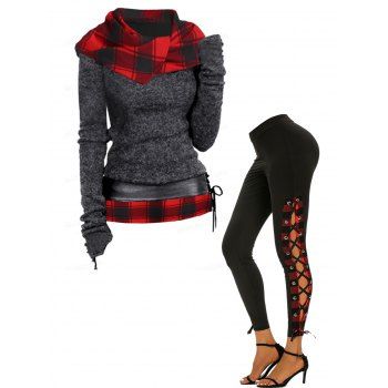 

Plaid Print Hooded Knit Long Sleeve Surplice Top With Lace-up Belt And Lace Up Pants Outfit, Multicolor