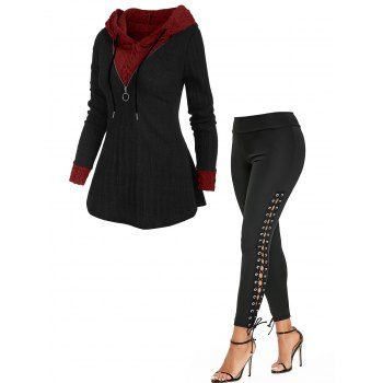 

Colorblock Zip Embellished Hooded Sweater And Plain Lace Up Skinny Pants Outfit, Black