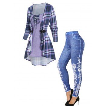 

Plaid Print Long Sleeve Lace Up Asymmetric Faux Twinset T Shirt And Flower Faux Denim 3D Print Jeggings Outfit, Multicolor