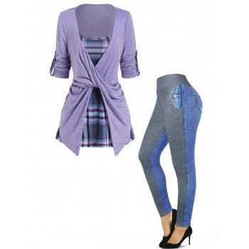 

Plaid Print Camisole Twisted Front Long Sleeve T-shirt Top And Faux Denim 3D Print Leggings Outfit, Multicolor