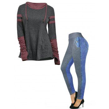 

Colorblock Thumb Hole Ruched Long Sleeve Kangaroo Pocket T-shirt And Faux Denim 3D Print Leggings Outfit, Multicolor