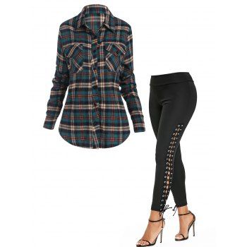 

Plaid Print Long Sleeve Pocket Patches Button Up Shirt And Lace Up Skinny Pants Outfit, Multicolor
