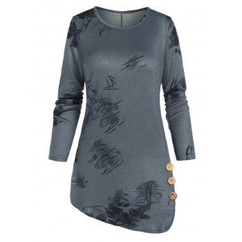

Leaf Print T Shirt Slit Long Sleeve T Shirt Asymmetrical Hem Casual Tee, Deep blue