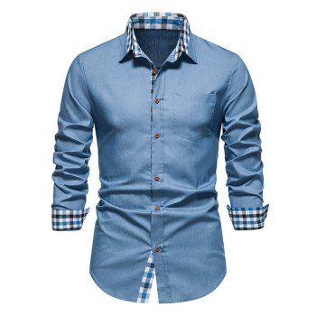 Plaid Print Long Sleeve Shirt Pocket Patch Turn Down Collar Button Up Shirt, Light blue