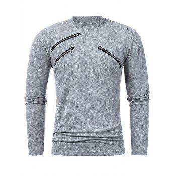 

Heather T Shirt Zipper Pocket Grommet Round Neck Long Sleeve Tee, Gray