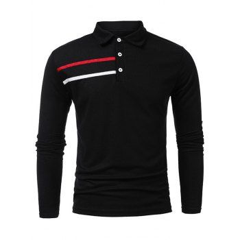 

Striped Pattern T Shirt Half Button Turn Down Collar Long Sleeve Tee, Black