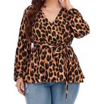 

Plus Size Blouse Leopard Print Surplice High Waisted Blouse Belted Long Sleeve Blouse, Multicolor