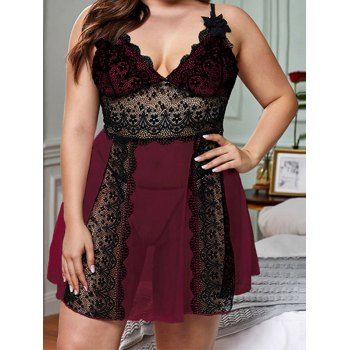 

Plus Size Lingerie Dress Colorblock Flower Lace Panel Sheer Mesh Scalloped Lingerie Set, Multicolor